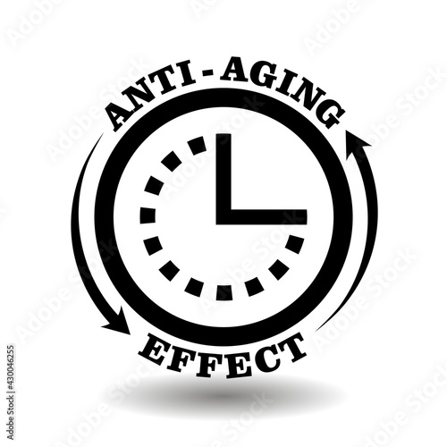 Round creative logo for Anti-aging effect cosmetics packaging. Anti age chemical complex symbol with circle clock icon isolated on white
