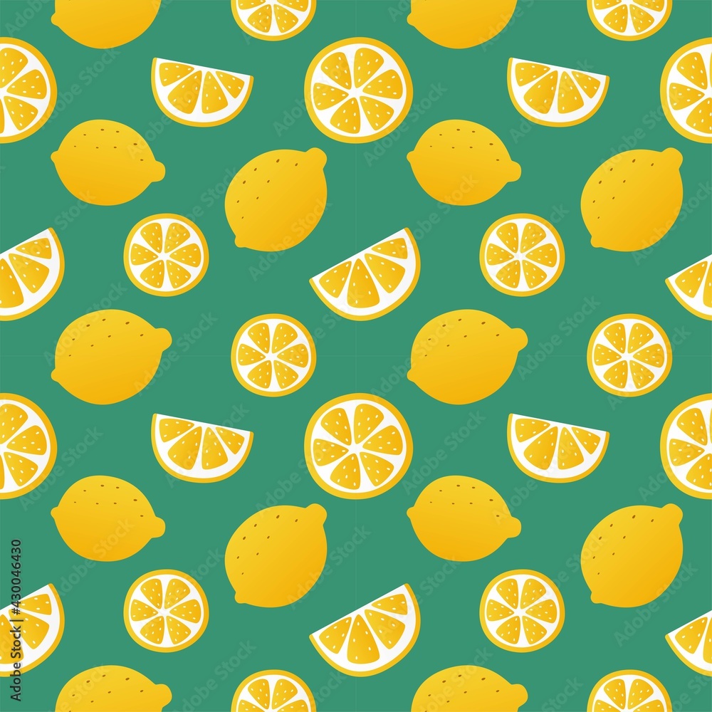 lemon slices seamless pattern on green background. fruit citrus. elements for menu. Vector illustration. lemon slices seamless pattern on green background. fruit citrus. elements for menu. Vector illustration.