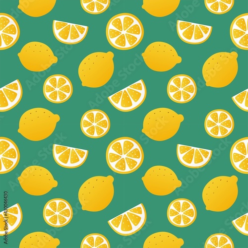 lemon slices seamless pattern on green background. fruit citrus. elements for menu. Vector illustration.