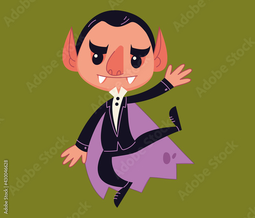 The vampire Dracula is dancing about a tailcoat. Cartoon character monster. Children s Halloween parties. Vector illustration in cartoon style for ckids. Isolated funny clipart on white background