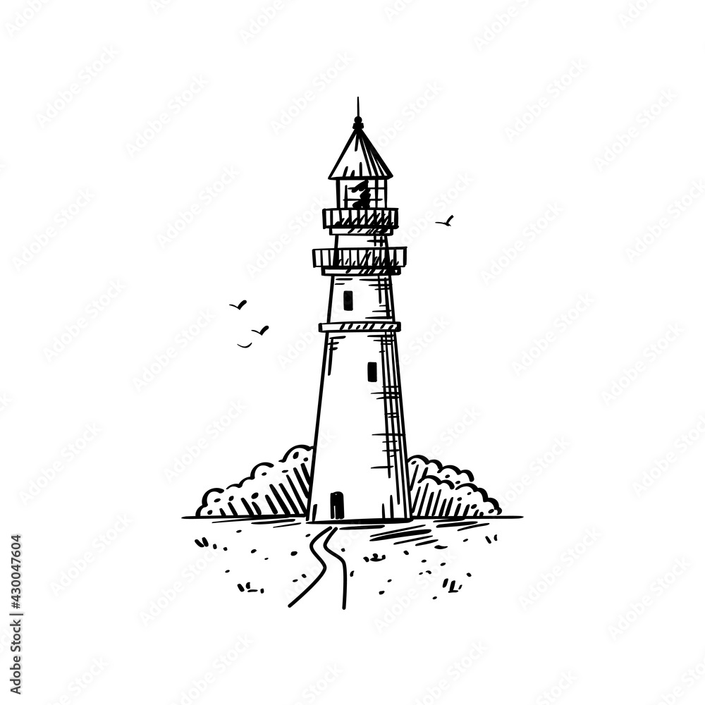 Etching old lighthouse. Vector marine sketch in vintage style - hand drawn beacon, path, seagulls