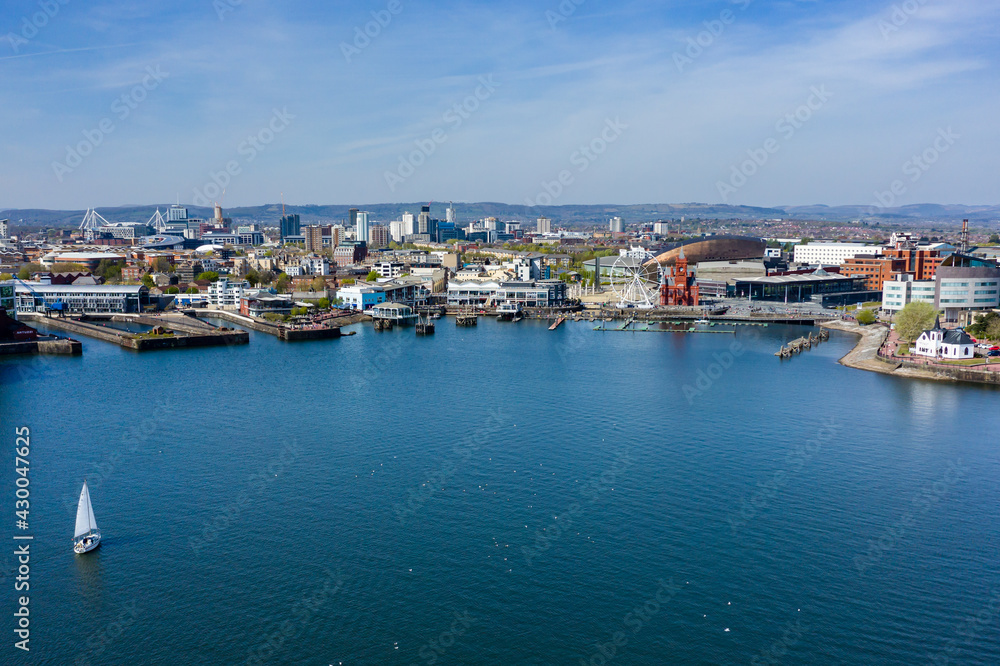 Aerial drone view of Cardiff Bay, the capital city of Wales