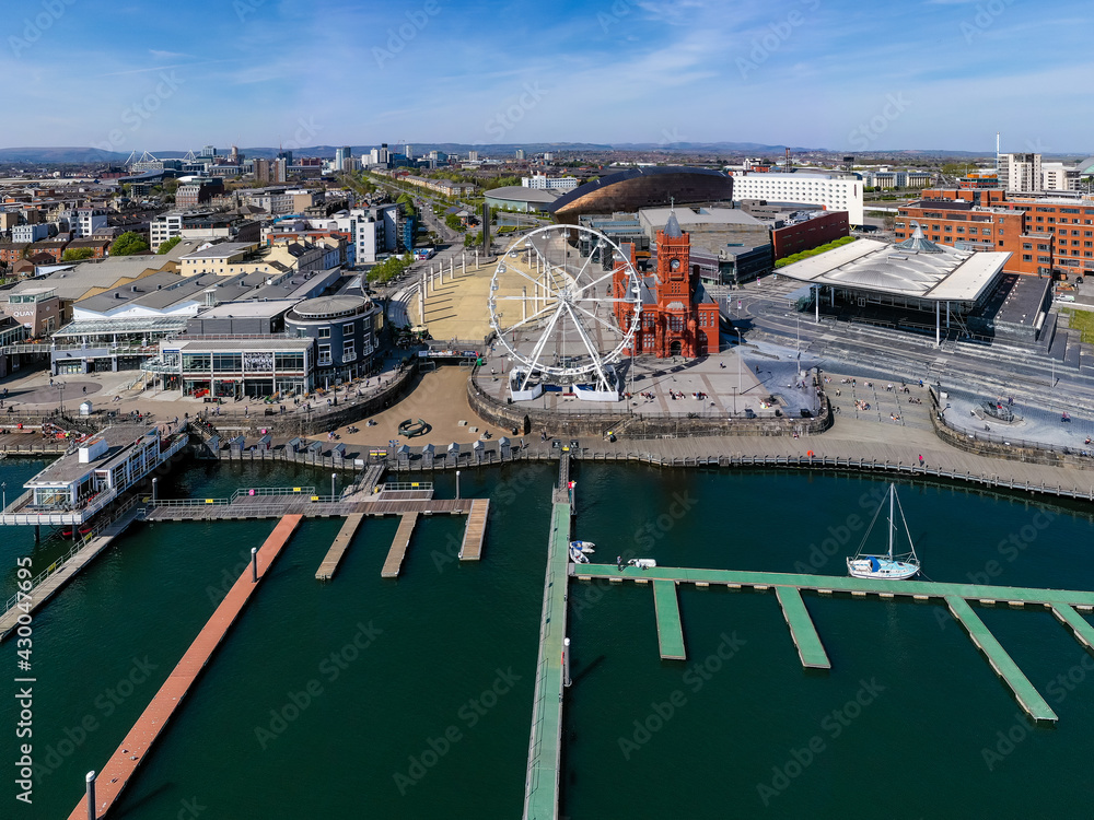 Panoramic aerial view of Cardiff Bay with the city centre in the background