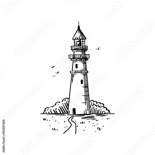 Etching old lighthouse. Vector marine sketch in vintage style - hand drawn beacon, path, seagulls