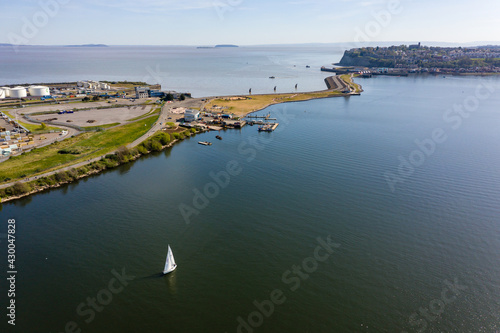 Aerial drone view of Cardiff Bay Barrage and Penarth