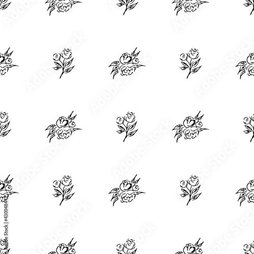 Doodle simple vector seamless pattern of hand-drawn peonies. Seamless pattern of hand-drawn peonies. Isolated on white background.