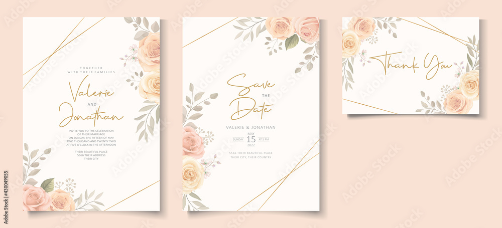 Fototapeta Elegant wedding invitation template with soft color blooming roses flower