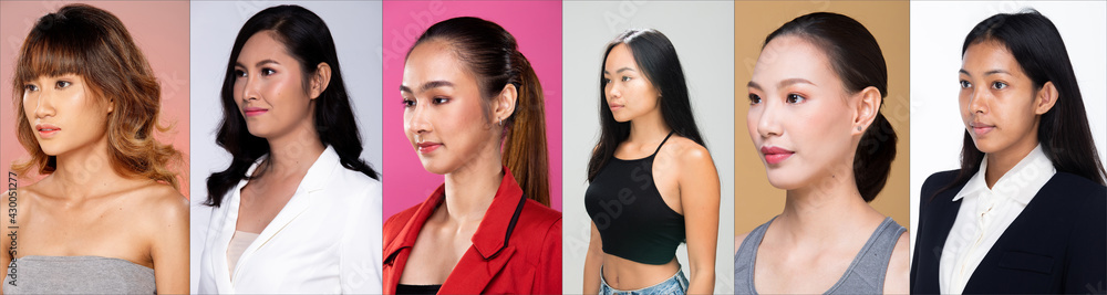 Profile of Asian Woman half body isolated six people Profile of Asian Woman half body isolated six people