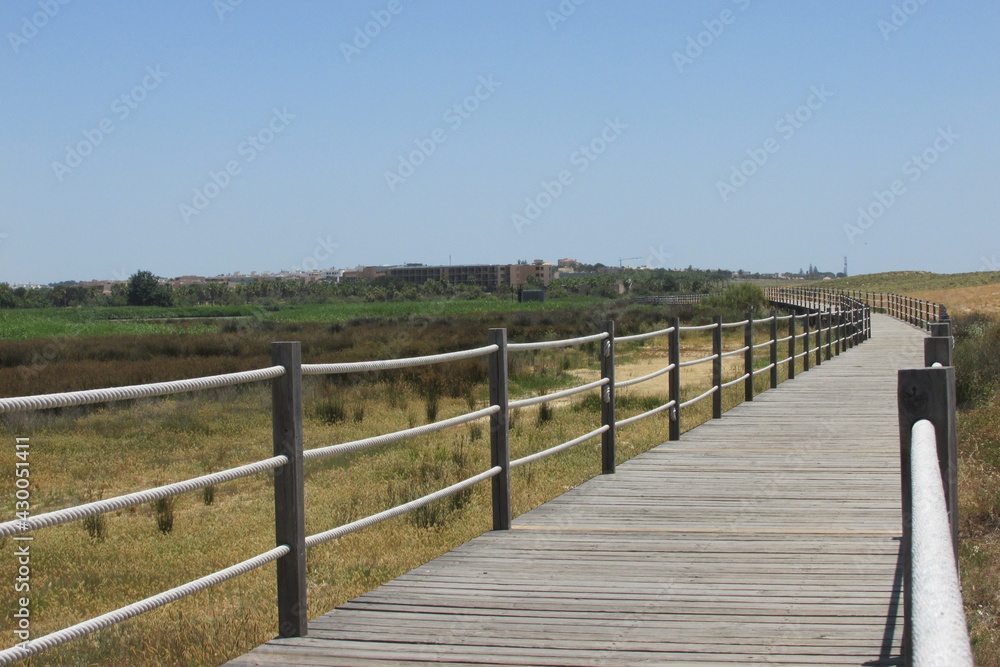 boardwalk in the dunes in Algarve , Southern Portugal.