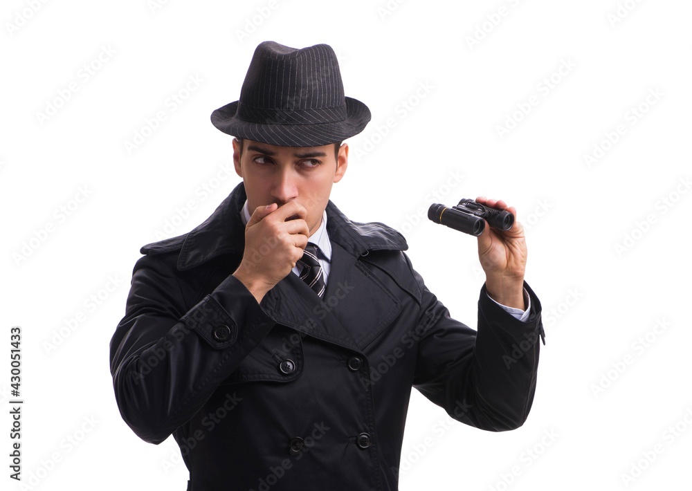 Spy with binoculars isolated on white background Spy with binoculars isolated on white background