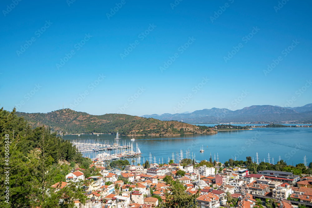 Panoramic view of Fethiye,which is one of the best coastal regions in Turkey, famous with its crystal clear sea, blue sky, unique geography.