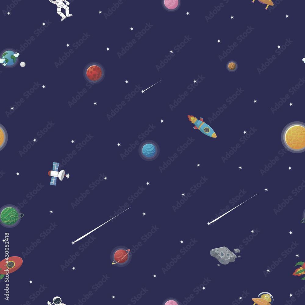 Space pattern with planets and stars. Astronaut Space pattern with planets and stars. Astronaut