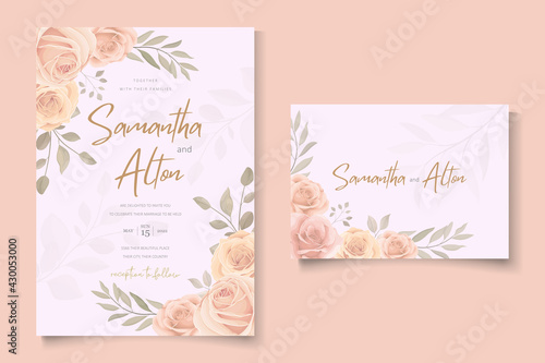 Elegant wedding invitation template with soft color blooming roses flower