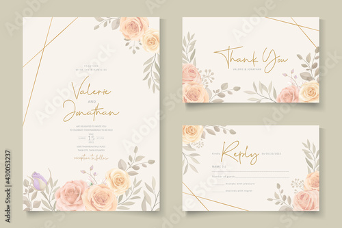Elegant wedding invitation template with soft color blooming roses flower