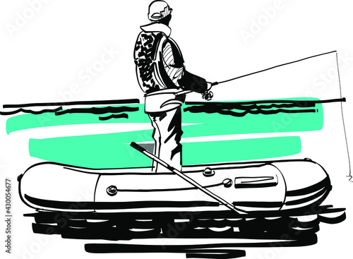 fishing on the rubber boat on the river