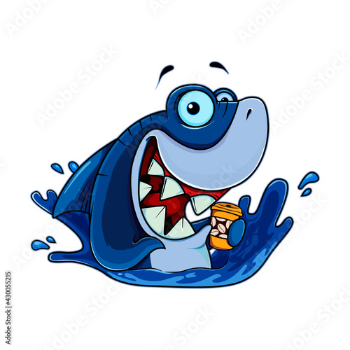 smiling blue shark holding coffe cup, illustration image vector best for your logo mascot, etc