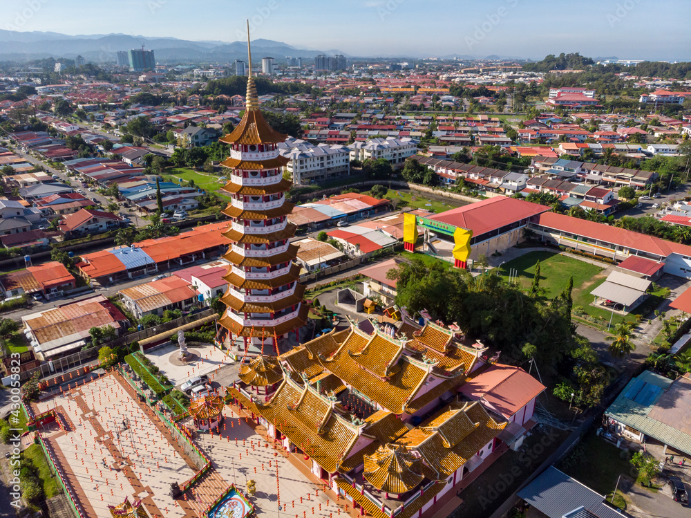 Aerial view image of Chinese Temple Peak Nam Toong Pagoda located in the city of Kota Kinabalu, Sabah, Malaysia.