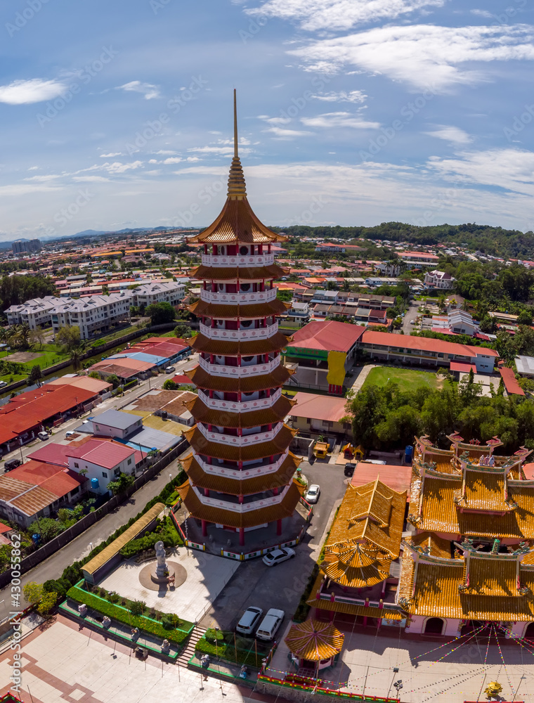 Aerial view image of Chinese Temple Peak Nam Toong Pagoda located in the city of Kota Kinabalu, Sabah, Malaysia.