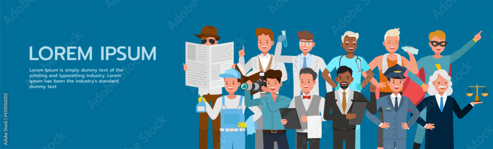 Set of people group different job and occupations on blue background character vector design. Labor Day. Set of people group different job and occupations on blue background character vector design. Labor Day.