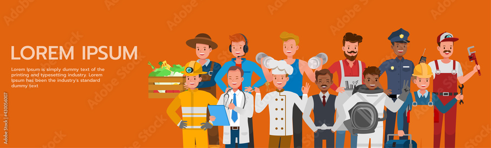 Set of people group different job and occupations on orange background character vector design. Labor Day.