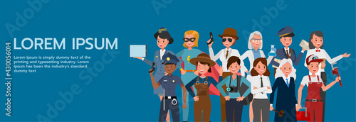 Set of woman people group different job and occupations on blue background character vector design. Labor Day.