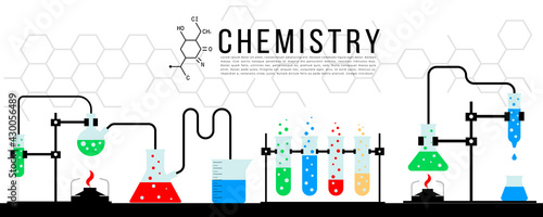 Scientific concept banner of chemical experiment on white background. Chemical laboratory. Miscellaneous laboratory devices and equipment. Collection of laboratory equipment. Vector Illustration.