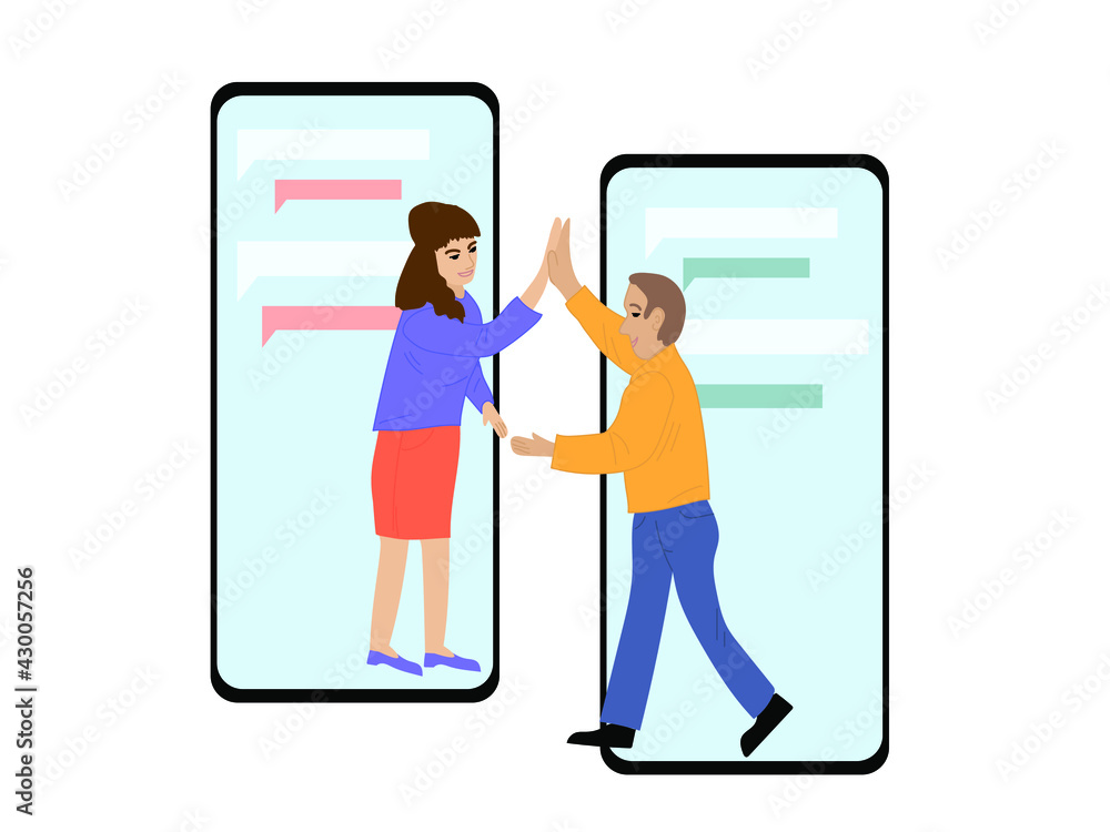 A woman and a man are greeting by means of a mobile phone. Video conferencing, teleworking, social distancing, business meetings, gift exchange A woman and a man are greeting by means of a mobile phone. Video conferencing, teleworking, social distancing, business meetings, gift exchange