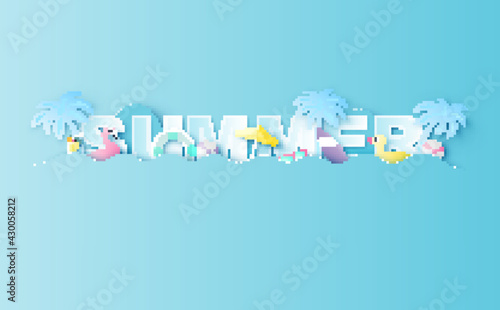 Summer calligraphy with beach equipment in the island middle of Sea. Summer calligraphy. Paper cut and craft style. vector, illustration.
