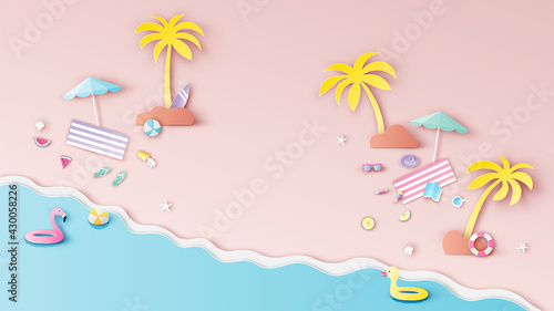 Sea landscape in summer with water play equipment placed on the beach. Aerial landscape of summer beach. Sea landscape. Summer time. Paper cut and craft style. vector, illustration.