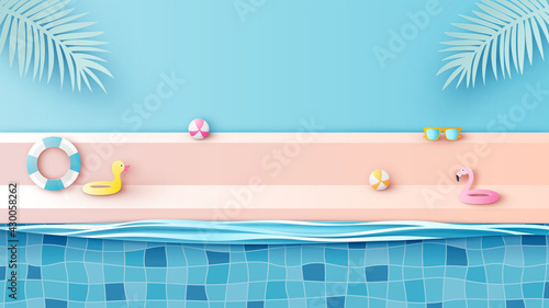 Summer poolside scene with duck swim ring, flamingo swim ring, ball beach and sunglasses. Swimming pool stage podium scene. paper cut and craft style. vector, illustration.