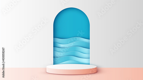 Circle stage podium for Summer with sea wave background and blank space. Summer mockup template. paper cut and craft style. vector, illustration.