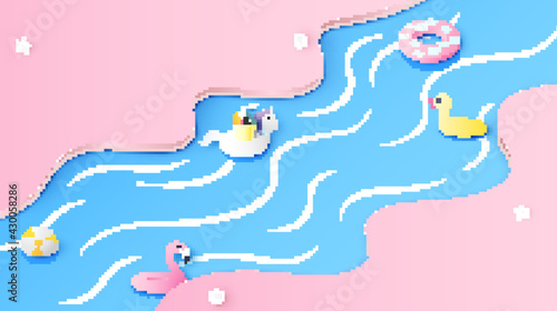 Sea water park in summer with swim ring duck, unicorn, flamingo, donut and beach ball floating on the water surface. Summer time. paper cut and craft style. vector, illustration.