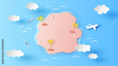 Island aerial view in the middle of Sea. Top view of tropical island in the ocean. paper cut and craft style. vector, illustration.