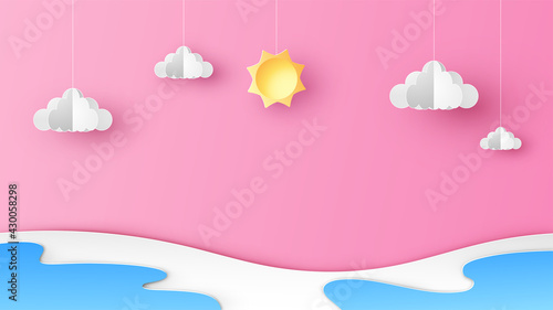 Summer sea scenery with cloud and sun hanging on sky. Sea landscape. Summer time. Paper cut and craft style. vector, illustration.