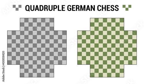 Quadruple German or European Chess. Two boards for 4 chess players with different color combinations. Vector boards template. Chessboard set view from above. Vector collection