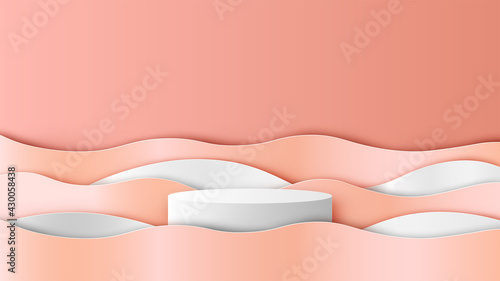Circle stage podium for Summer with sea wave background and blank space. Summer mockup template. paper cut and craft style. vector, illustration.