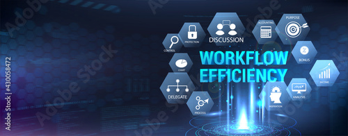 Horizontal banner workflow efficiency with icons set and aspects. Hologram with 3D workflow inscription. Web banner. Processes, automation, interaction, good working conditions and other aspects. 