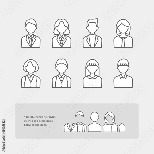 着せ替え可能な、シンプルな線画で描かれた、会社員の人物アイコンセット