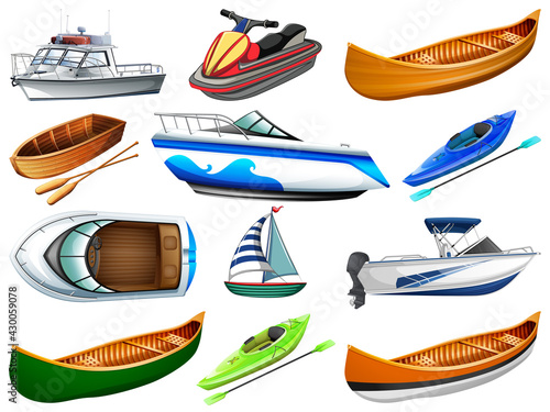 Set of different kind of boats and ship isolated on white background