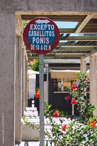 Sign of Prohibited to park ponies and Horses, next to a rosebush of flowers.The photograph is made in vertical format and was taken on a street in Andalusia, Spain.
