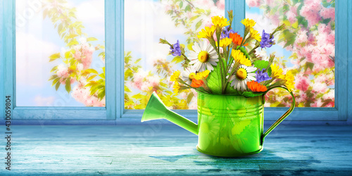 Colorful wild flower bouquet in a watering can. Concept of spring and gardening.