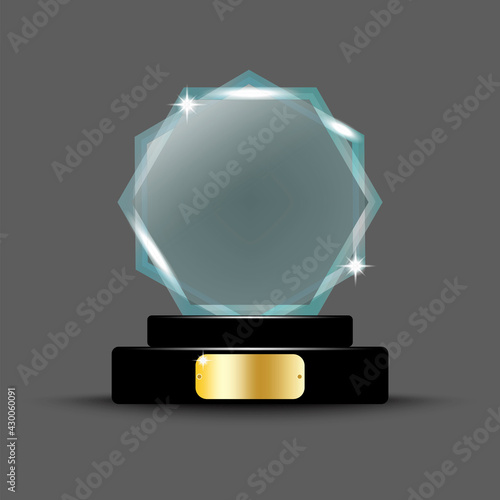 crystal on stand on transparent. Championship trophy. Sport award. Winner award. Vector illustration. Stock image. EPS 10.