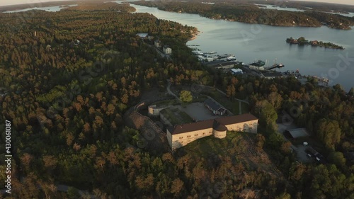 Drone view over Rindo redutt in Vaxholm, Stockholm archipelago. High quality 4k footage photo