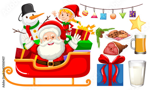 Santa on sleigh with many gifts on white background