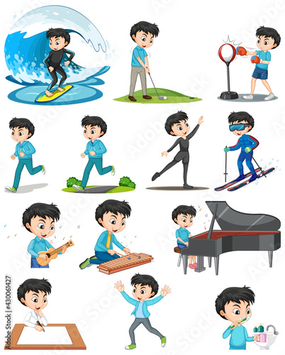 Set of a boy doing different activities