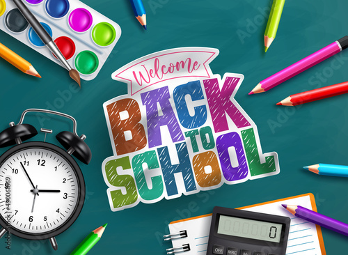 Back to school vector background design. Welcome back to school text with educational supplies like alarm clock, water color, notebook and color pencil in chalkboard background. Vector illustration
