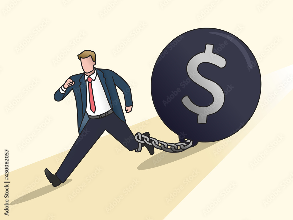Business man or employees with chain being chased by debt money ball Business man or employees with chain being chased by debt money ball