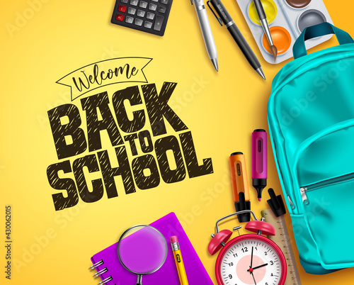 Back to school vector background design. Welcome back to school text with colorful educational supplies in yellow space background. Vector illustration