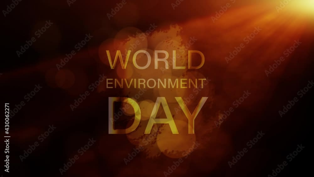 WORLD ENVIRONMENT DAY 4K 3D creative design cinematic title trailer background concept. World Environment Day golden text title with optical flares light, smoke, cloud and flying particles effect. WORLD ENVIRONMENT DAY 4K 3D creative design cinematic title trailer background concept. World Environment Day golden text title with optical flares light, smoke, cloud and flying particles effect.