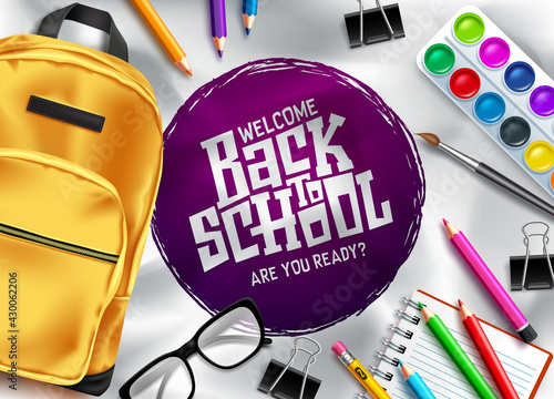Back to school vector template design. Welcome back to school in empty space for text with educational items like backpack, water color, eyeglasses and paper clip in white background. Vector